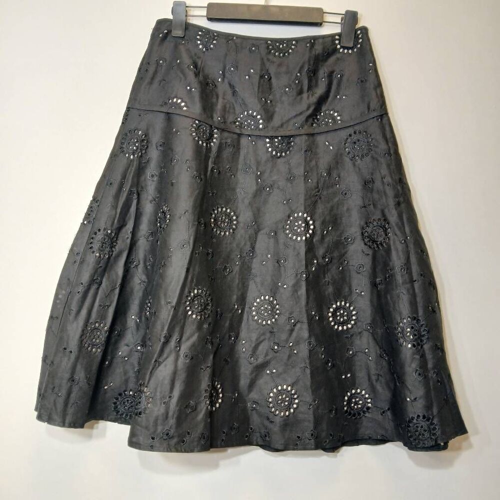St tropez west women 100% linen Sz 4 small A line midi skirt black quiet luxury